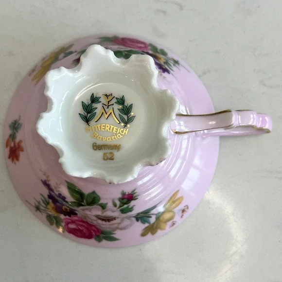 Vtg Mitterteich Bavaria Germany Pink Floral Tea Cup Saucer Gold Trim Shabby Chic - Picture 15 of 16